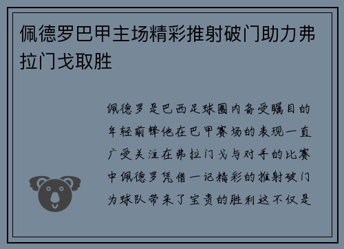 佩德罗巴甲主场精彩推射破门助力弗拉门戈取胜 佩德罗巴甲主场精彩推射破门助力弗拉门戈取胜