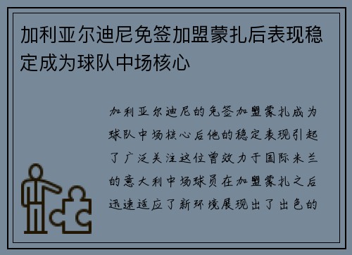 加利亚尔迪尼免签加盟蒙扎后表现稳定成为球队中场核心 加利亚尔迪尼免签加盟蒙扎后表现稳定成为球队中场核心